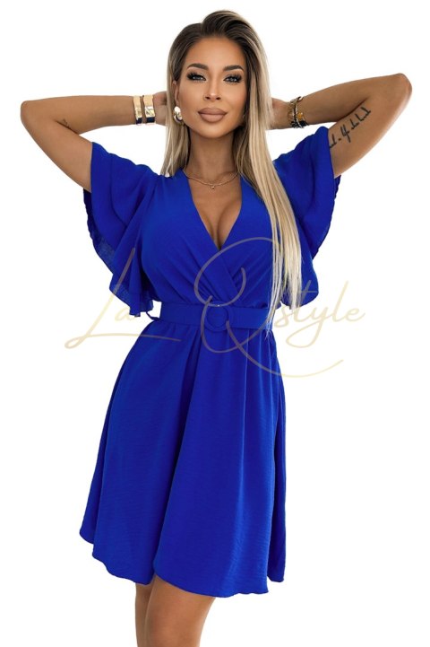 586-2 Kobieca sukienka z kopertowym dekoltem, rękawkiem i paskiem - CHABROWA