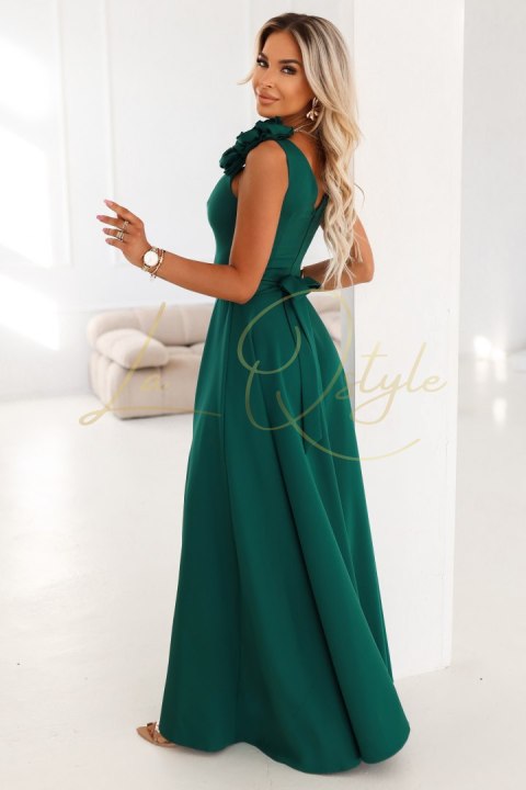 Elegancka wieczorowa suknia maxi z rozcięciem i różami BUTELKOWA ZIELEŃ