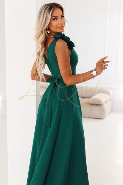 Elegancka wieczorowa suknia maxi z rozcięciem i różami BUTELKOWA ZIELEŃ