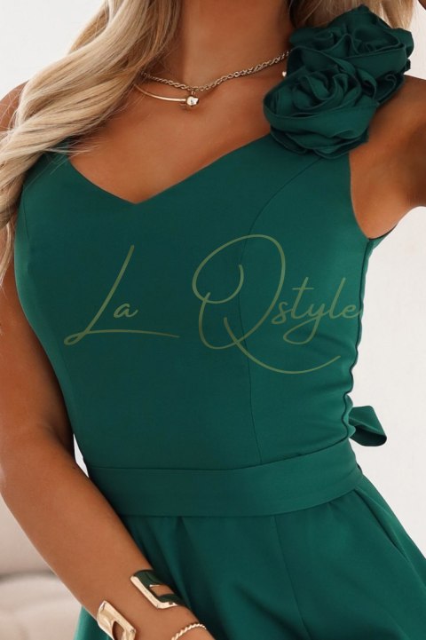 Elegancka wieczorowa suknia maxi z rozcięciem i różami BUTELKOWA ZIELEŃ