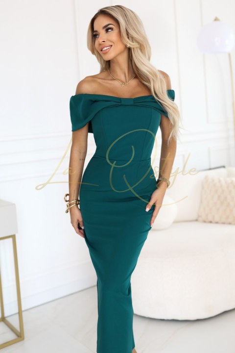 644-1 Zmysłowa sukienka midi hiszpanka z kokardą na dekolcie - butelkowa zieleń