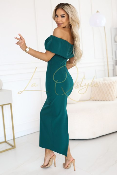 644-1 Zmysłowa sukienka midi hiszpanka z kokardą na dekolcie - butelkowa zieleń