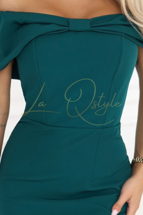 644-1 Zmysłowa sukienka midi hiszpanka z kokardą na dekolcie - butelkowa zieleń