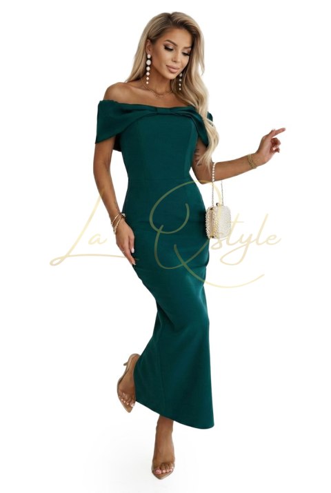 644-1 Zmysłowa sukienka midi hiszpanka z kokardą na dekolcie - butelkowa zieleń