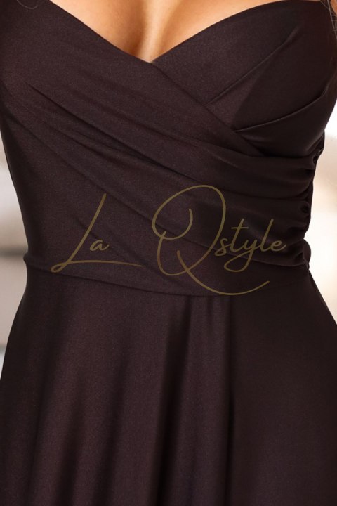 646-1 Długa sukienka wieczorowa na ramiączkach z rozcięciem na nodze - czekoladowy brąz