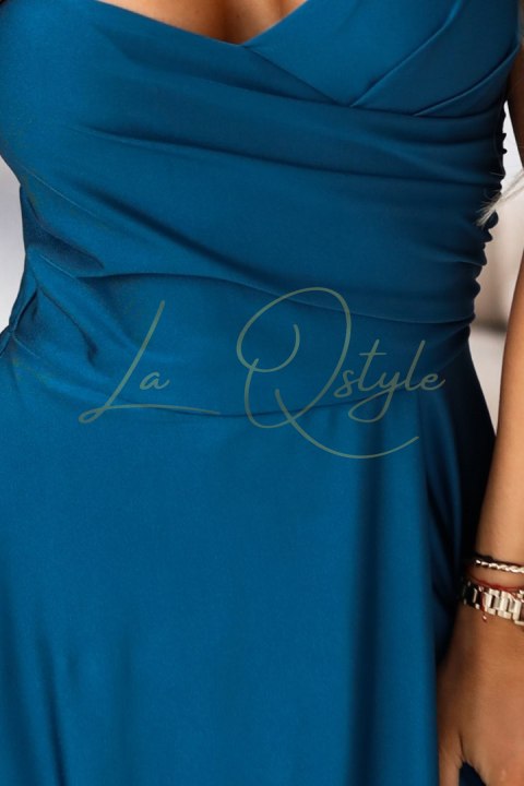 646-2 Długa sukienka wieczorowa na ramiączkach z rozcięciem na nodze - morska