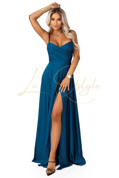 646-2 Długa sukienka wieczorowa na ramiączkach z rozcięciem na nodze - morska
