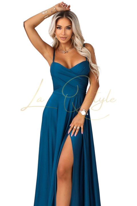 646-2 Długa sukienka wieczorowa na ramiączkach z rozcięciem na nodze - morska