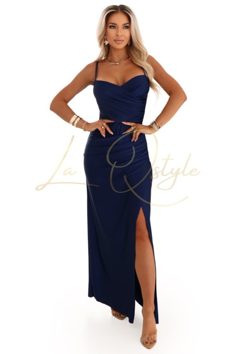 647-2 Dopasowana długa sukienka maxi z kopertowym dekoltem i rozcięciem - granatowa