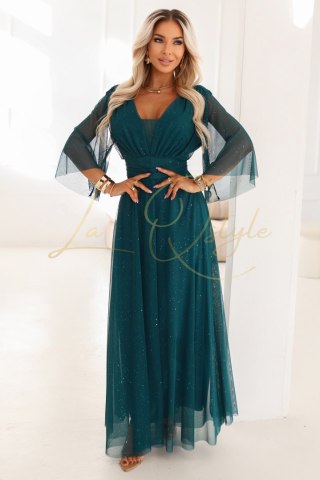 Długa połyskująca sukienka plus size z dekoltem i transparentnym rękawkiem BUTELKOWA ZIELEŃ