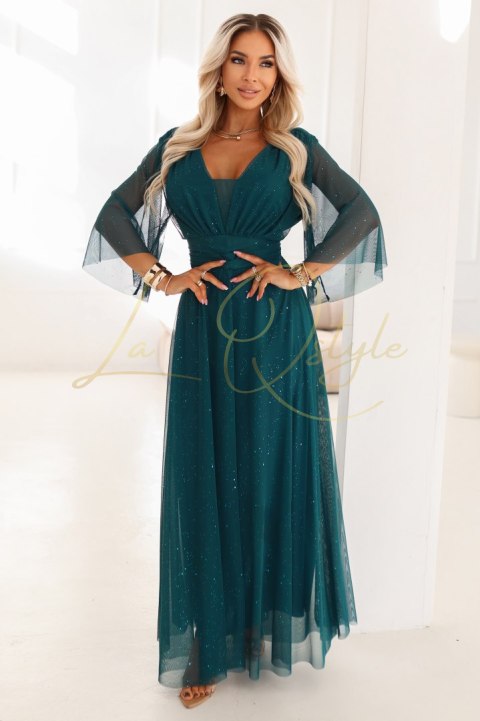 Długa połyskująca sukienka plus size z dekoltem i transparentnym rękawkiem BUTELKOWA ZIELEŃ