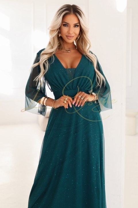 Długa połyskująca sukienka plus size z dekoltem i transparentnym rękawkiem BUTELKOWA ZIELEŃDługa połyskująca sukienka plus size z dekoltem i transparentnym rę