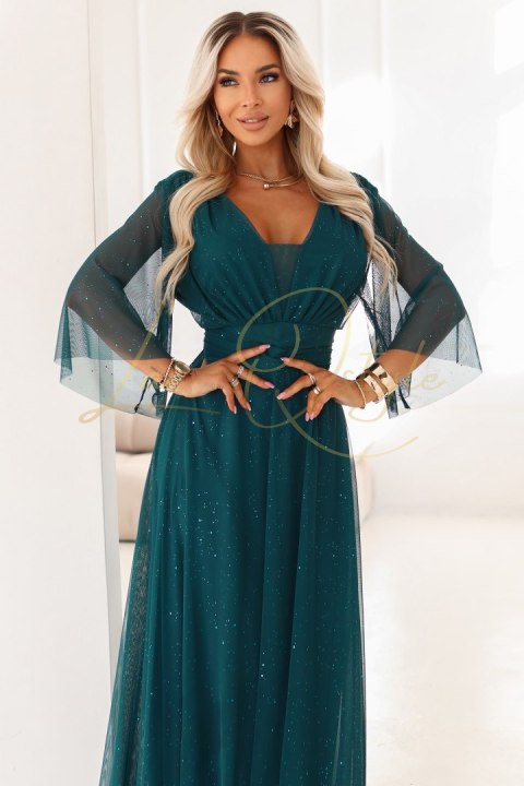 Długa połyskująca sukienka plus size z dekoltem i transparentnym rękawkiem BUTELKOWA ZIELEŃ