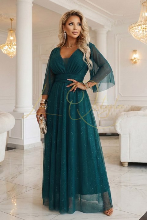 Długa połyskująca sukienka plus size z dekoltem i transparentnym rękawkiem BUTELKOWA ZIELEŃ