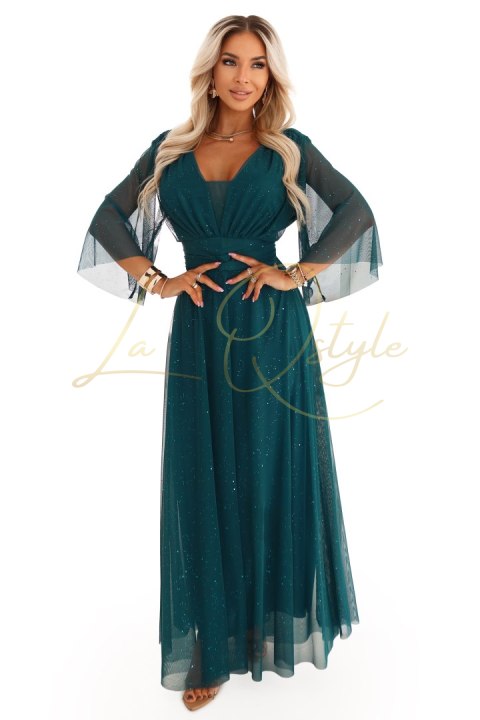 Długa połyskująca sukienka plus size z dekoltem i transparentnym rękawkiem BUTELKOWA ZIELEŃ