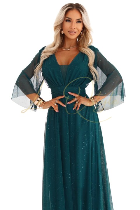 Długa połyskująca sukienka plus size z dekoltem i transparentnym rękawkiem BUTELKOWA ZIELEŃ