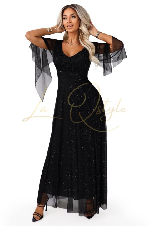 Długa połyskująca w świetle suknia z dekoltem i transparentnym rękawkiem CZARNA