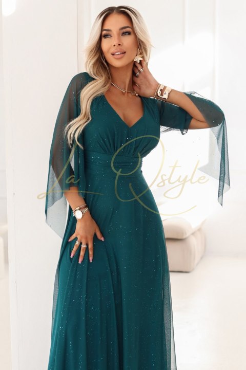 655-2 Długa połyskująca w świetle suknia z dekoltem i transparentnym rękawkiem - szmaragdowa zieleń