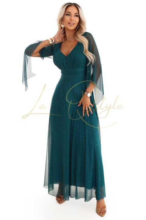 655-2 Długa połyskująca w świetle suknia z dekoltem i transparentnym rękawkiem - szmaragdowa zieleń
