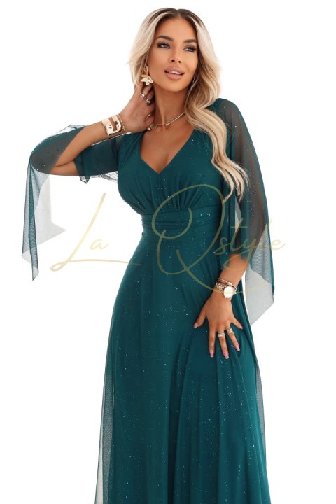 655-2 Długa połyskująca w świetle suknia z dekoltem i transparentnym rękawkiem - szmaragdowa zieleń