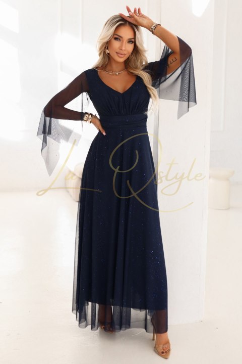 655-3 Długa połyskująca w świetle suknia z dekoltem i transparentnym rękawkiem - granatowa