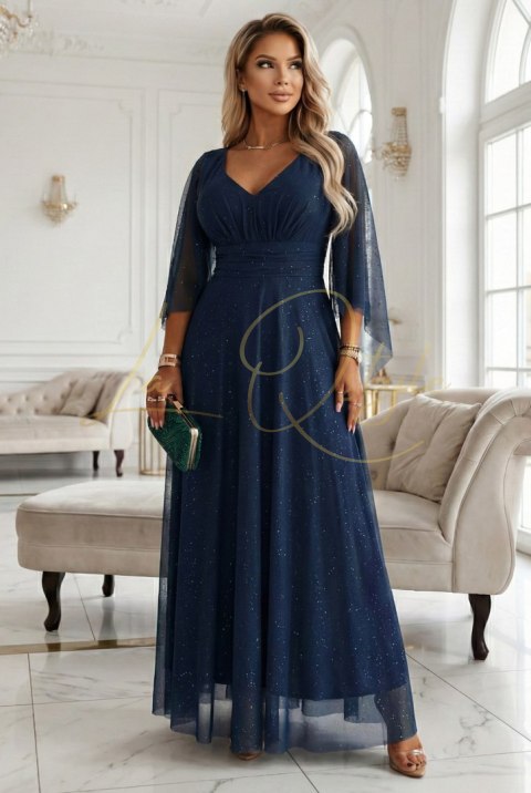 655-3 Długa połyskująca w świetle suknia z dekoltem i transparentnym rękawkiem - granatowa