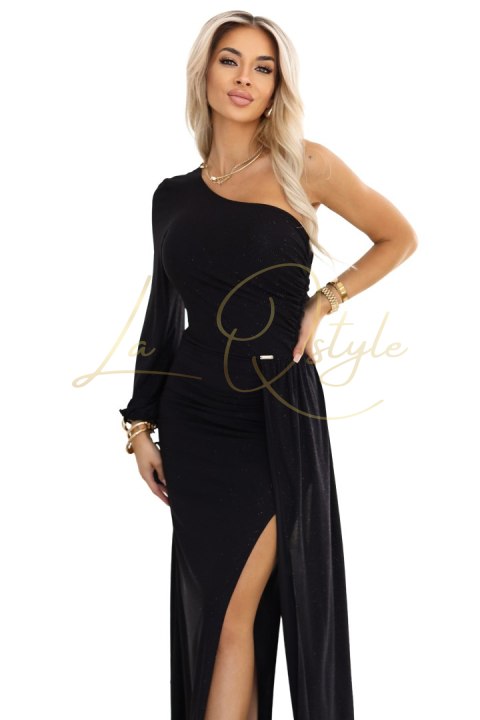 658-1 Połyskująca brokatowa sukienka maxi na jedno ramię z asymetrycznym rękawem i rozcięciem - czarna