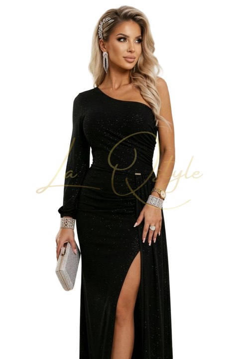 658-1 Połyskująca brokatowa sukienka maxi na jedno ramię z asymetrycznym rękawem i rozcięciem - czarna