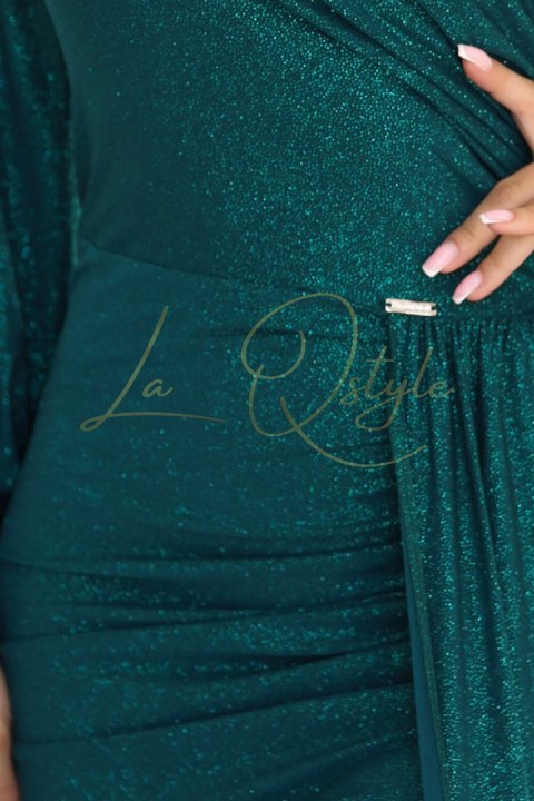 658-2 Połyskująca brokatowa sukienka maxi na jedno ramię z asymetrycznym rękawem i rozcięciem - butelkowa zieleń