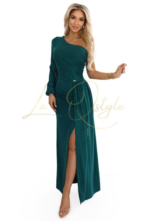 658-2 Połyskująca brokatowa sukienka maxi na jedno ramię z asymetrycznym rękawem i rozcięciem - butelkowa zieleń