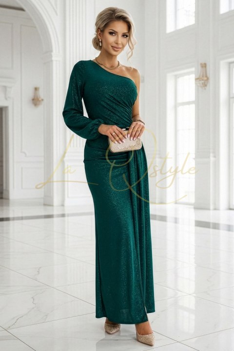 658-2 Połyskująca brokatowa sukienka maxi na jedno ramię z asymetrycznym rękawem i rozcięciem - butelkowa zieleń
