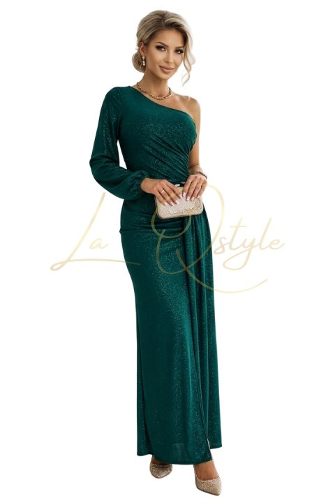 658-2 Połyskująca brokatowa sukienka maxi na jedno ramię z asymetrycznym rękawem i rozcięciem - butelkowa zieleń