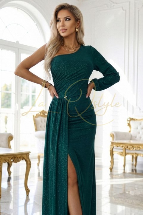 658-2 Połyskująca brokatowa sukienka maxi na jedno ramię z asymetrycznym rękawem i rozcięciem - butelkowa zieleń