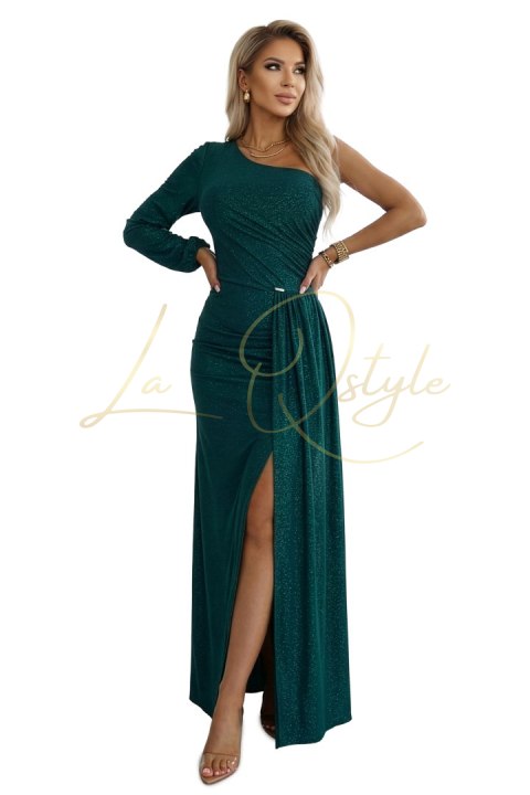 658-2 Połyskująca brokatowa sukienka maxi na jedno ramię z asymetrycznym rękawem i rozcięciem - butelkowa zieleń