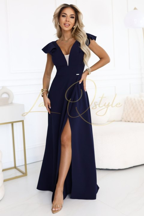 Elegancka sukienka maxi z falbankami, głębokim dekoltem i rozcięciem na nodze GRANATOWA