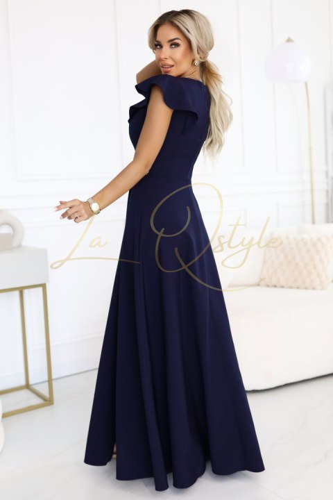 Elegancka sukienka maxi z falbankami, głębokim dekoltem i rozcięciem na nodze GRANATOWA