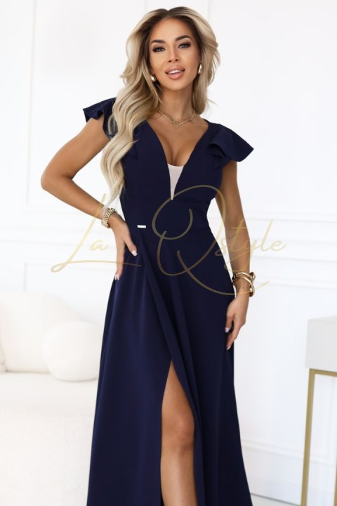 Elegancka sukienka maxi z falbankami, głębokim dekoltem i rozcięciem na nodze GRANATOWA