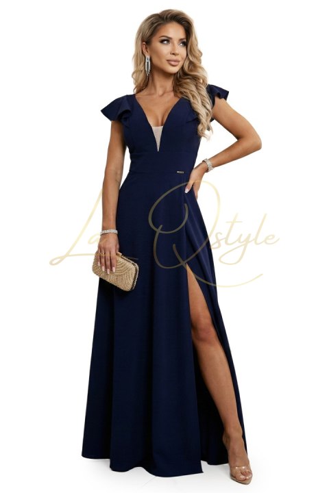 Elegancka sukienka maxi z falbankami, głębokim dekoltem i rozcięciem na nodze GRANATOWA