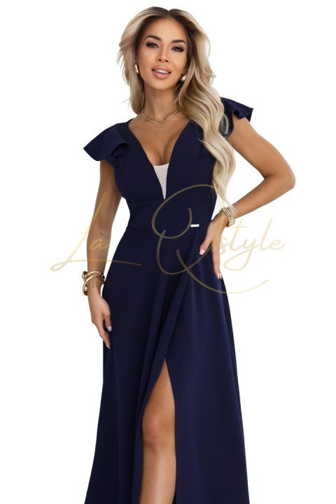 Elegancka sukienka maxi z falbankami, głębokim dekoltem i rozcięciem na nodze GRANATOWA