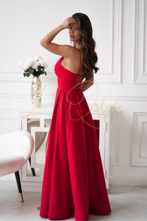 Długa sukienka wieczorowa z gorsetem i wiązaniem na plecach CZERWONA