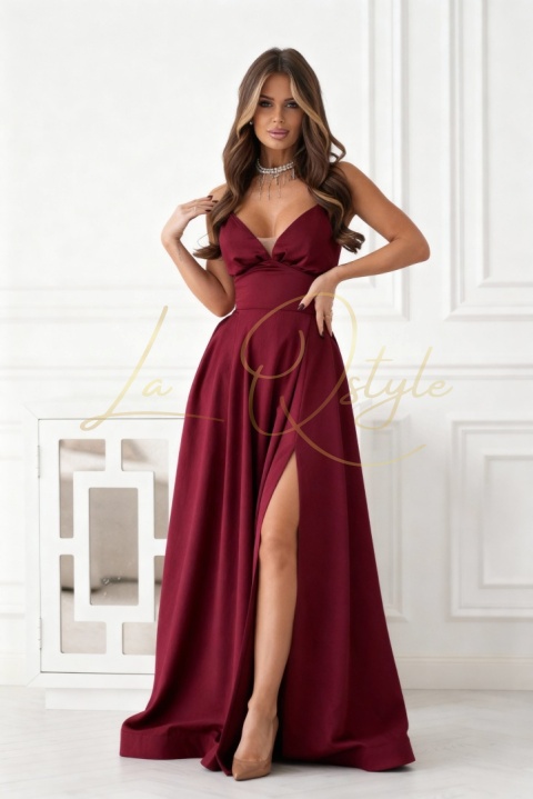 Długa sukienka wieczorowa z gorsetem i wiązaniem na plecach BORDOWA