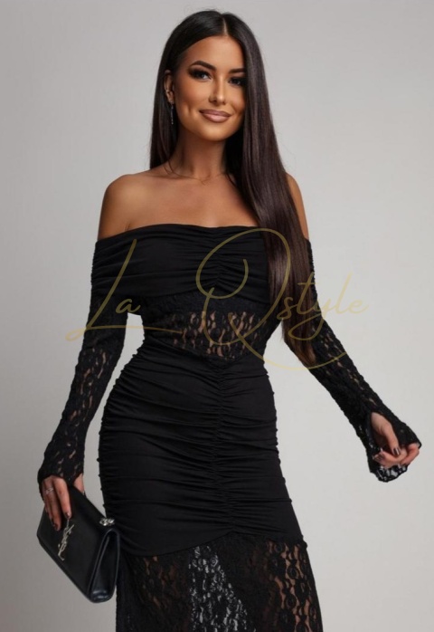 Koronkowa maxi sukienka z hiszpańskim dekoltem CZARNA