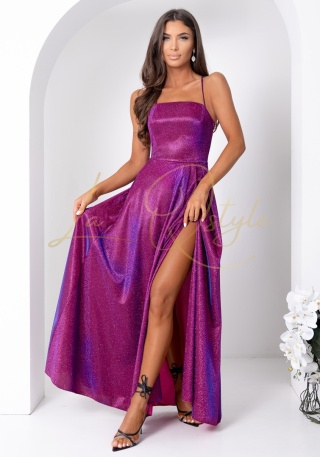 AURELIA brokatowa maxi sukienka z gorsetem i wiązaniem na plecach FIOLET GRANAT