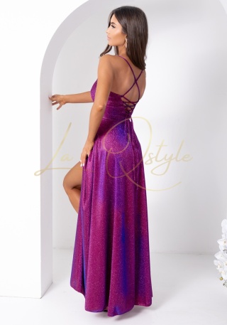 AURELIA brokatowa maxi sukienka z gorsetem i wiązaniem na plecach FIOLET GRANAT