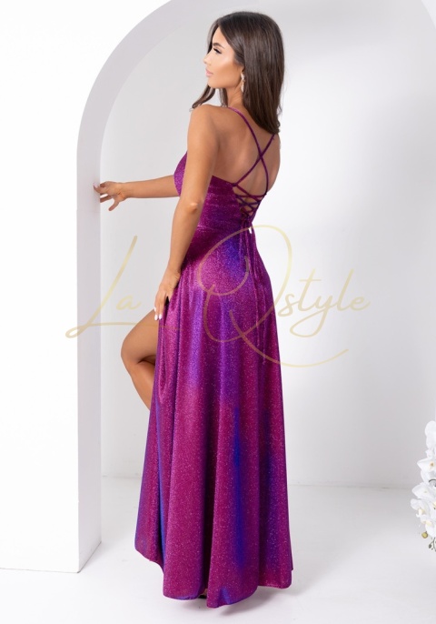 Brokatowa maxi sukienka z gorsetem i wiązaniem na plecach FIOLET GRANAT