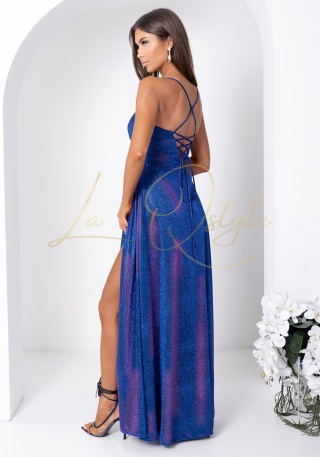 AURELIA brokatowa maxi sukienka z gorsetem i wiązaniem na plecach CHABER AMARANT