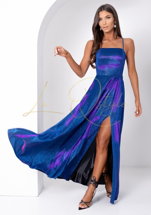 Brokatowa maxi sukienka z gorsetem i wiązaniem na plecach CHABER AMARANT