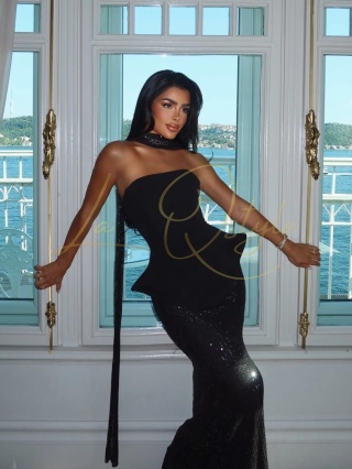 BLISS wieczorowy set z gorsetem, cekinową długą spódnicą i szarfą na szyję CZARNY