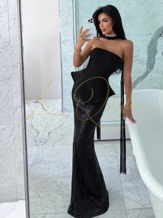BLISS wieczorowy set z gorsetem, cekinową długą spódnicą i szarfą na szyję CZARNY