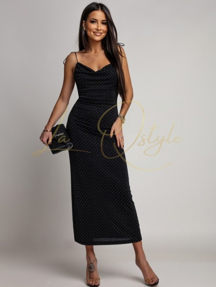 LOAN błyszcząca midi sukienka na ramiączkach z odkrytymi plecami CZARNA